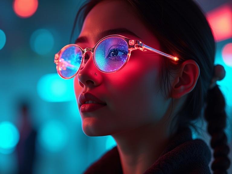 Futuristic university student with bright neon hat. The student has high-tech elements. Ambient lighting creates a dynamic feeling.