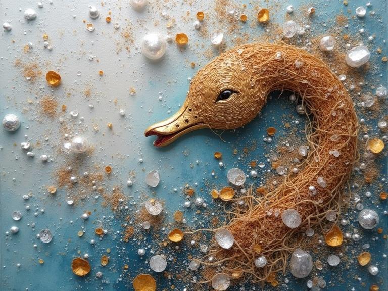 Artistic representation combining swan motif and mixed media elements. Use of jute fibres, wood pieces, and sand. Incorporation of glimmering details through glitter and origami. Close-up of textured swan head with a colorful background. Fusion of multiple materials showcasing creativity.