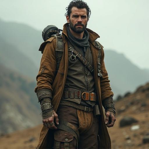 Design a rugged post-apocalyptic male survivor inspired by the Fallout universe. He should have layered scavenger-style clothing made from patched leather and torn fabrics. Include a long duster coat and utility belts. His face shows signs of hardship with stubble and scars. Suggest built-in defenses without handheld weapons. Background evokes a desolate wasteland. Cinematic lighting with a moody atmosphere.