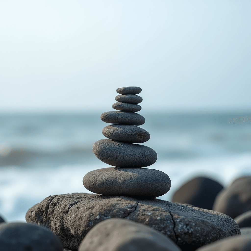 Stacked stones balancing on a rocky shore against a blurred ocean backdrop.