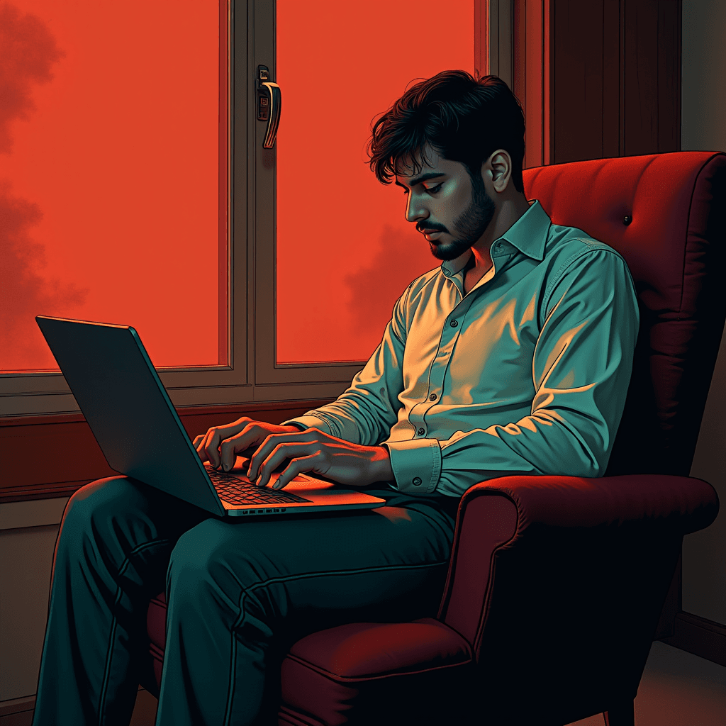 A person is sitting in a chair, working on a laptop, with a bright red-orange light coming through the window.