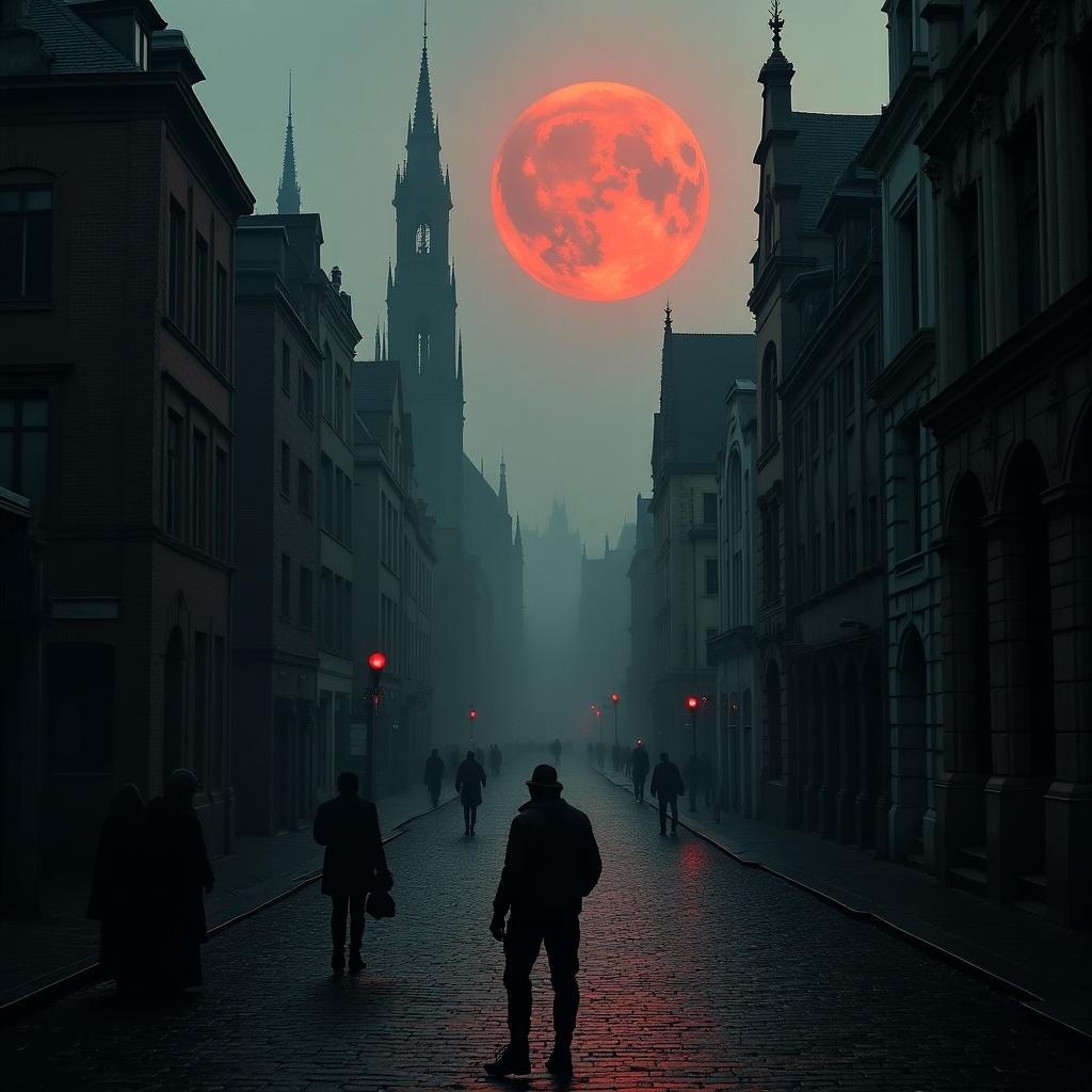 Dark view of Brussels with important landmarks. Include a red moon. A figure descends a gutter.