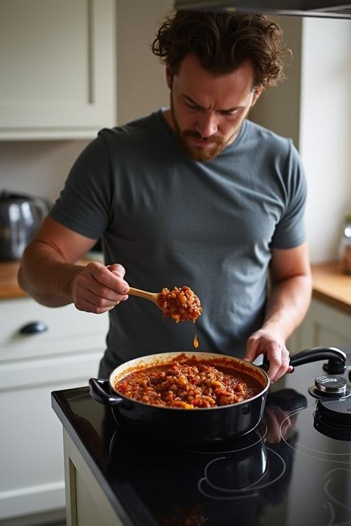 A man cooks chili con carne in a kitchen. He tastes it with a wooden spoon. Black stove on the cooker and white cupboards. Light grey floor.