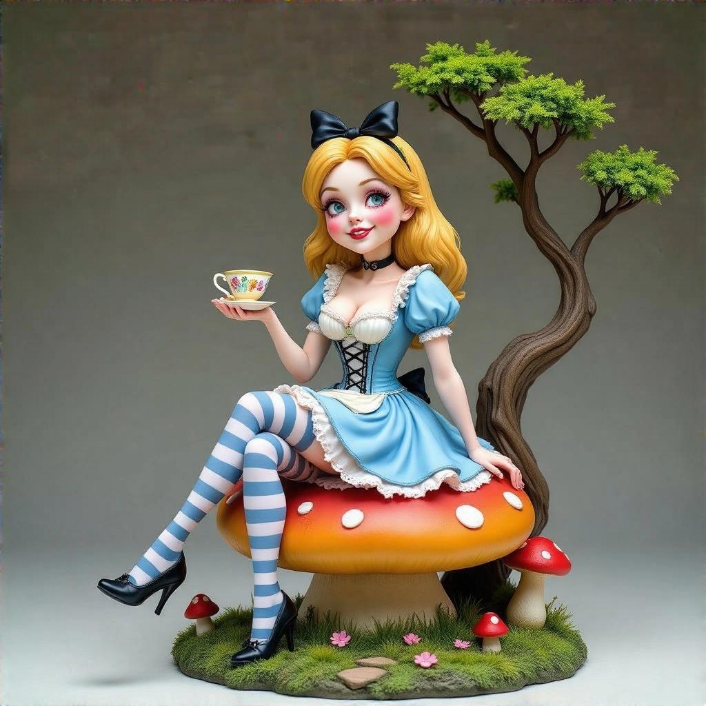Highly detailed resin statue of a stylized adult version of Alice in Wonderland. Alice sits on a brightly colored mushroom with one leg crossed holding a teacup. She wears a blue dress with a tight corset and short skirt, striped stockings, and high heels. Her expression is mischievous with rosy cheeks and twinkling eyes. A small tree with branches is beside her with a Cheshire Cat perched on it. Poker cards are on the tree trunk, and items like a giant pocket watch, pink flower petals, and overturned teacups are on the ground. The scene is colorful and charming with adult themes.