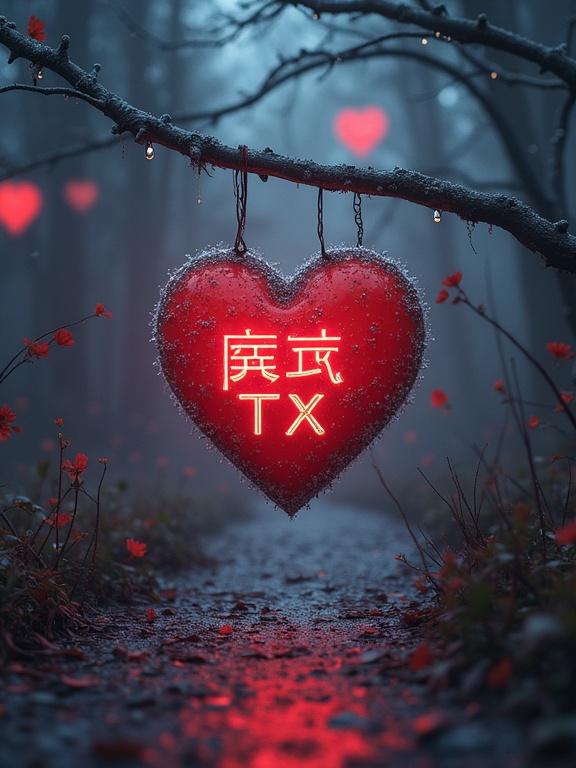 Heart-shaped neon light in a moody romantic forest. Glowing red sign with the text 廢式 TX. Fog surrounds the area with tiny flowers and hearts hanging in the trees. Path leads toward the sign.