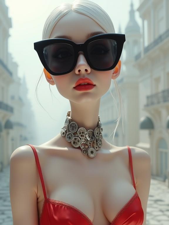 Abstract Disney inspired artificial woman with sleek features wearing black sunglasses and a gear necklace. Dressed in red lingerie. Softly shaded for depth. Ethereal steampunk cityscape in the background creating a dreamy minimalist atmosphere. High elegance style.