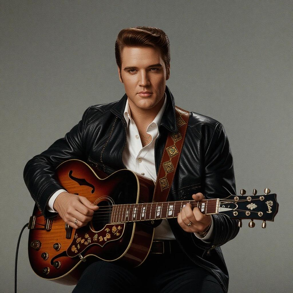 A stylish man with slicked-back hair plays a guitar. He wears a leather jacket and a white shirt. The background is a neutral gray color. The guitar is decorated with intricate designs.