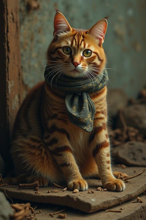 Bengal cat wearing a stylish scarf posed elegantly in a rustic setting. Warm colors and natural lighting enhance the details of the cat's fur and expression.