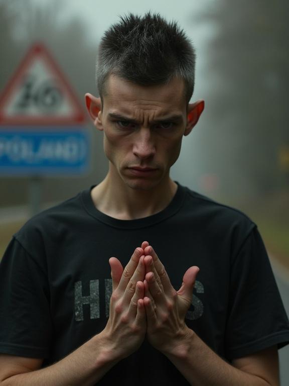 A detailed portrait of a man with dark-grey buzzcut hair. Face is slightly asymmetrical with large dark eyes. Hands pressed together in a begging pose. Wears a black shirt with 'HELGOS.' Background shows a blurred border sign with 'POLAND.' Man has a melancholic expression. Lighting is realistic.