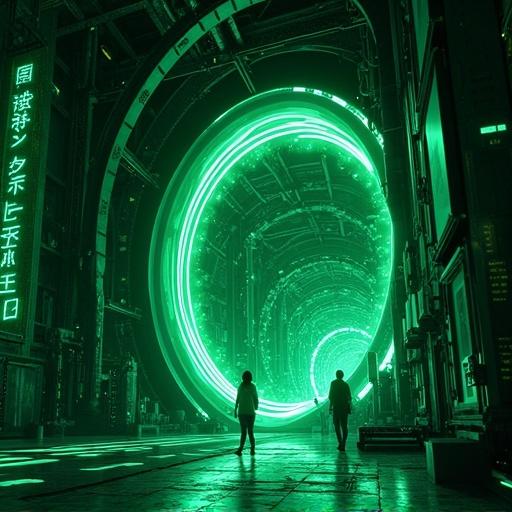 Anime style with futuristic setting. Year 2104. Luxurious building resembling a supercomputer located in Shanghai. Features an oversized black hole structure, glowing emerald green portal, and characters exploring the space. Depicts advanced technology in an underground environment during noon.