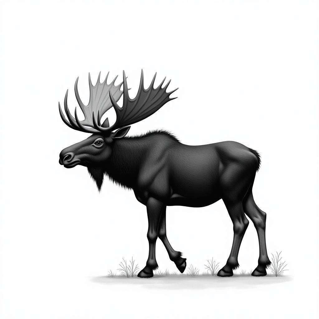 A black and white image depicting a moose in a stylized manner. The moose stands in profile, showcasing its majestic antlers. The illustration captures the essence of strength and grace. The simplicity and boldness of the black and white color scheme enhance its visual impact. This design reflects the artistic influence of Tom of Finland, emphasizing form and character in wildlife representation.