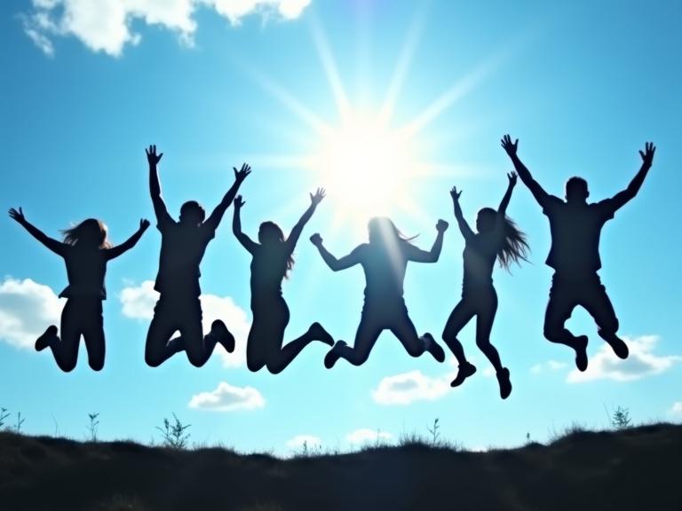 Dynamic silhouette scene with six people jumping mid-air against a blue sky. Bright sun creates backlit effect. Each figure shows unique pose, expressing joy. Camera angle is low, enhancing height and energy.