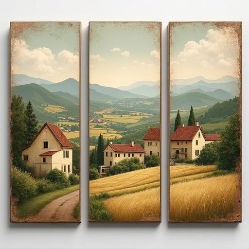 Vintage suisse oil painting triptych featuring rustic farmhouse landscapes and quaint village cottages. Each panel has a slightly weathered, antique look with soft, earthy tones. The brushstrokes are visible, mimicking traditional oil painting techniques. The mood is serene and timeless, perfect for French country decor.