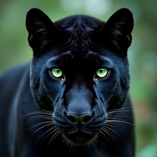 Black panther head with bright dark green eyes on celestial universe background featuring nature. The powerful confident gaze of the panther. Style is celestial and spiritual.