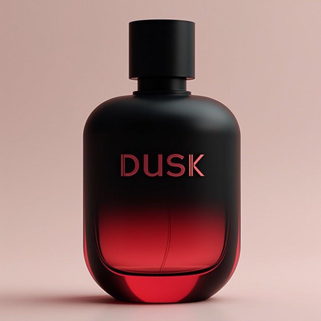 This image showcases an elegantly designed perfume bottle. It features a modern, rounded shape with a vibrant gradient that transitions from black at the top to a deep reddish hue at the bottom. The front displays the prominent logo 'Dusk' in a contemporary font. Below this logo, there is a 12mm gap leading to the text 'By Sanam Jung', presented in sleek black. The overall design conveys a sense of intensity and sophistication, making it visually appealing for a high-end fragrance. The soft lighting enhances the luxurious feel of the bottle.