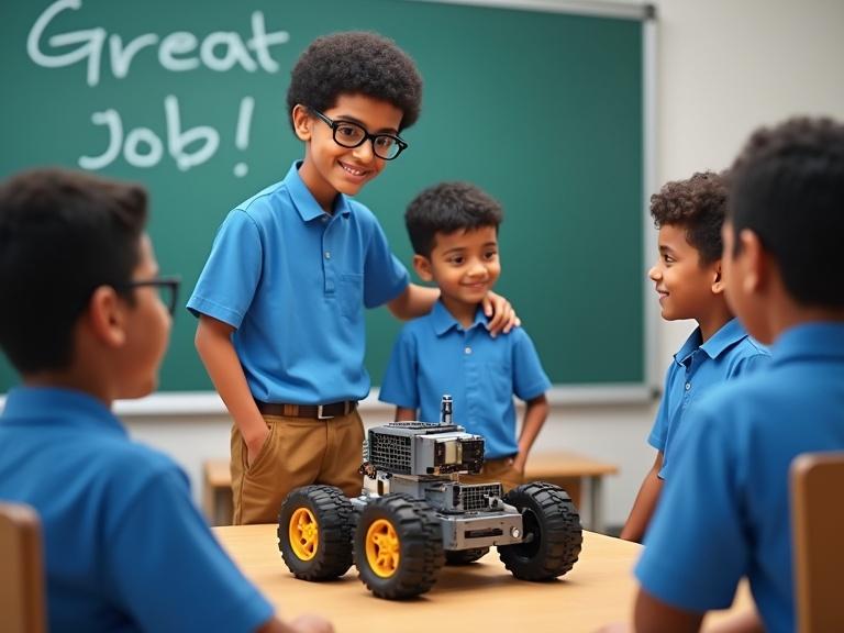 A classroom scene with children celebrating a robotics achievement. One boy stands proudly beside a LEGO robot. Other boys admire with smiles. Blackboard displays encouraging message. All wear matching blue shirts and brown pants. Teacher encourages and interacts with students.