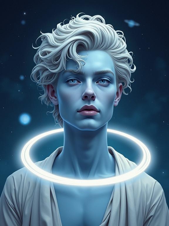 Elegant figure with icy pale blue and gray skin. Glowing rings around shoulders. Calm thoughtful expression. Starry background with cold colors. Stylized art with clean lines.