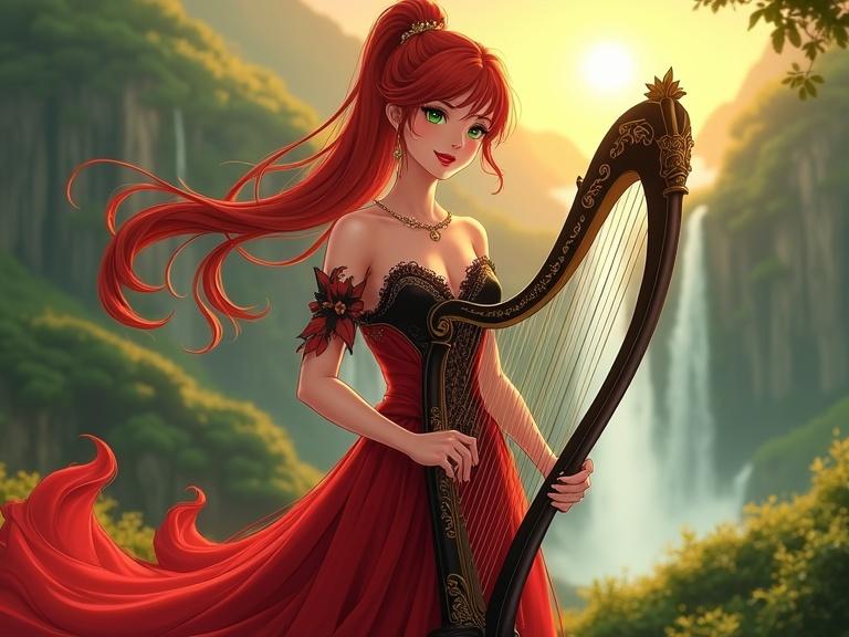 Female character with stylish figure in a red and black glowing dress holding a harp. She has red hair in a ponytail with bangs and captivating green eyes. Enchanting landscape features a waterfall during sunset. The atmosphere feels magical and lively. She appears cute and flirty, with high-definition eyes and luxurious harp.