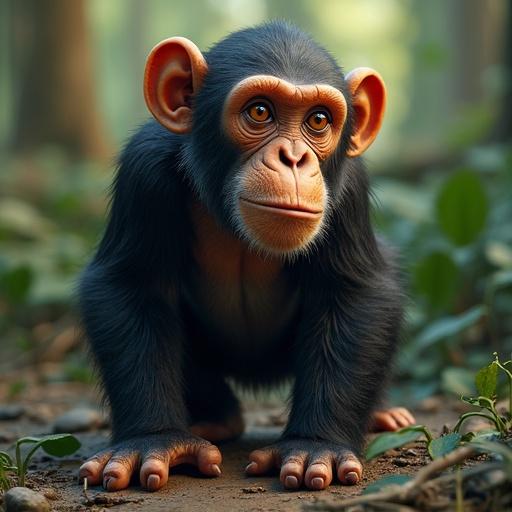 Chimpanzee looking at a map in a 3D cartoon style. The chimp has expressive eyes and is situated in a natural forest setting.