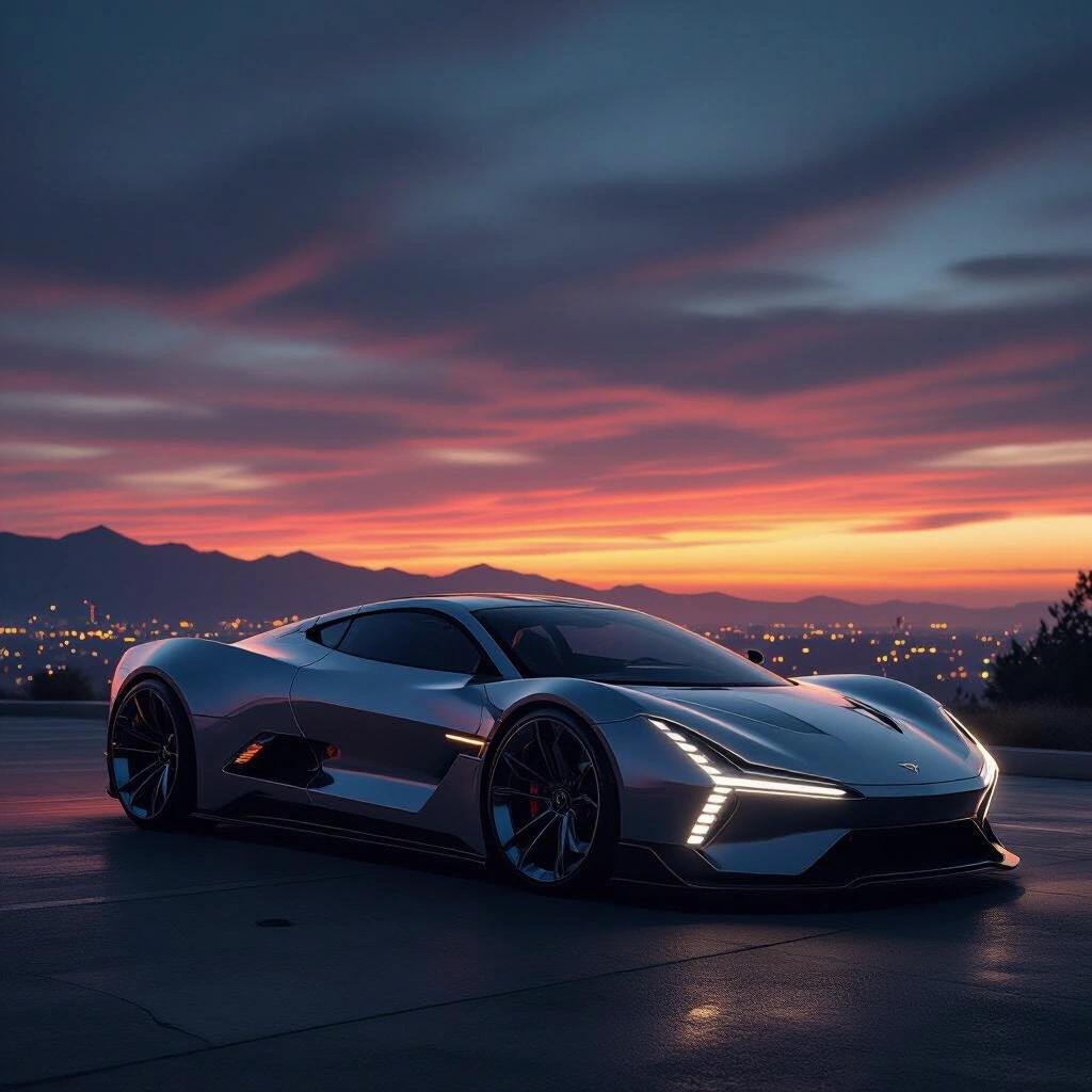 A parked angular concept futuristic low rider hypercar under a dark sunset. Raw photo captures epic scenery at night.