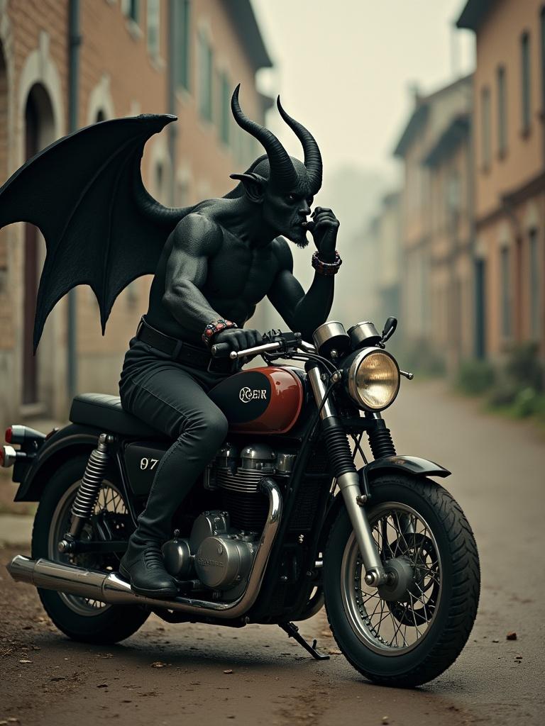 A devil figure with horns and wings sits on a vintage motorcycle. The background is an old street with buildings. The devil appears to be whispering thoughtfully. The atmosphere is dark and moody.