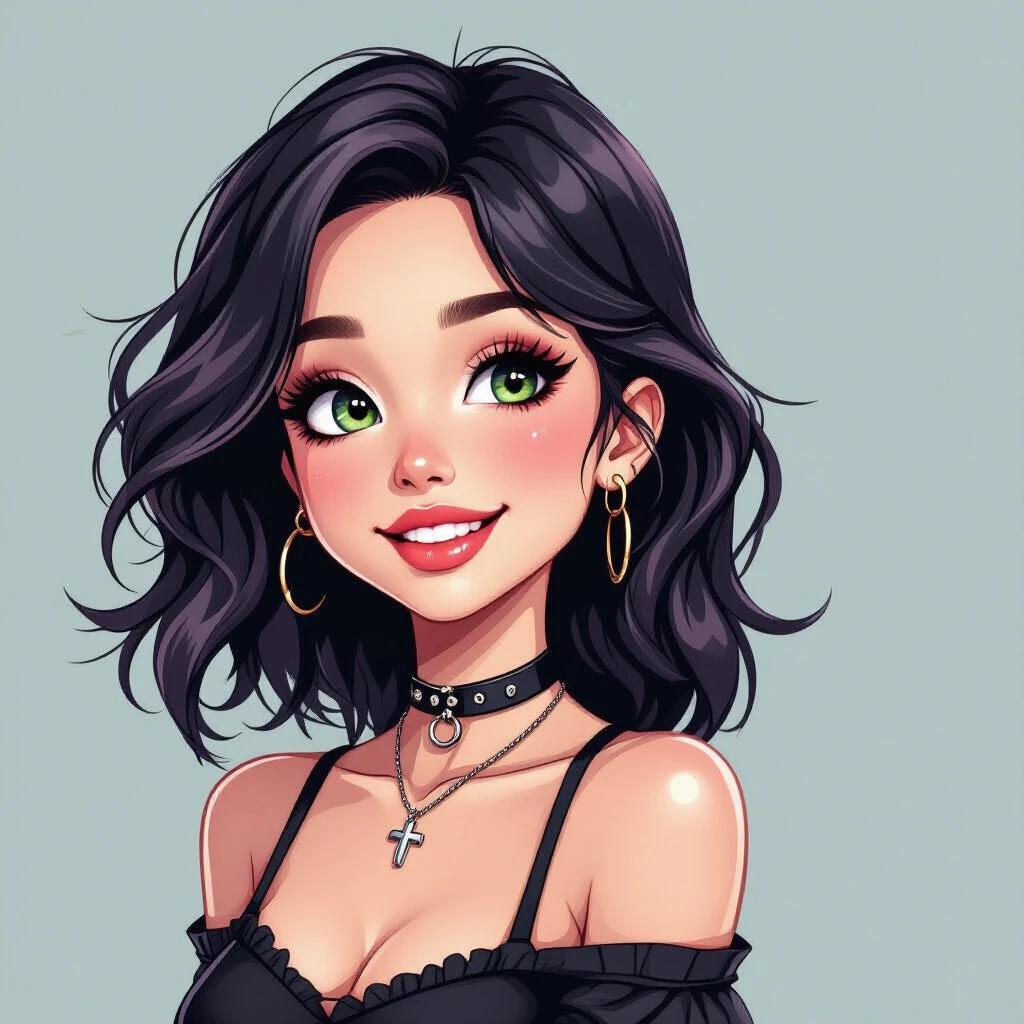 Colorful female figure with dark hair. Feminine style with fashionable clothing. Accessories include earrings and necklaces. Bright background complements the character. Personality reflects goth culture. Pose is cheerful and confident. Captures essence of modern alternative fashion.