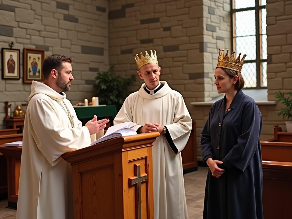 A religious ceremony in a church, featuring a priest and two individuals wearing crowns, standing near an altar, with religious symbols and a window in the background.