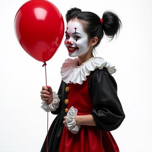 A short female clown smiles with dimples. She has black round pigtails and wears creepy clown makeup in white, black, and red. She holds a red balloon against a white background. The composition includes details and textures with shadows.