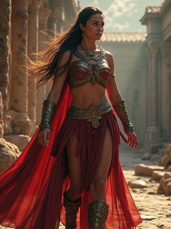 Full-body depiction of a female character inspired by Lady Godiva wearing a Spartacus outfit. The setting features ancient ruins under dramatic lighting. Intricate costume details with a fantasy theme.