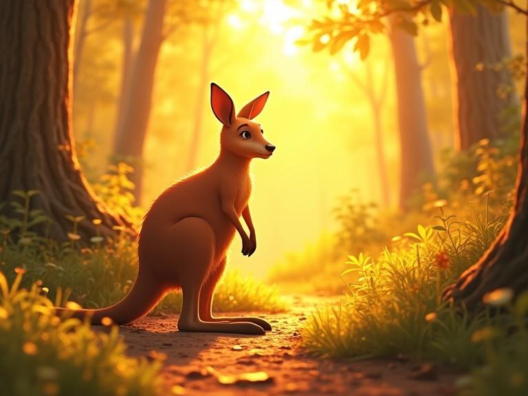 Kangaroo depicted in a sunny daytime forest. Concept Art style features orange and amber tones. Strong emotional impact focusing on environmental awareness. Styled as a storybook illustration with soft-focus technique.