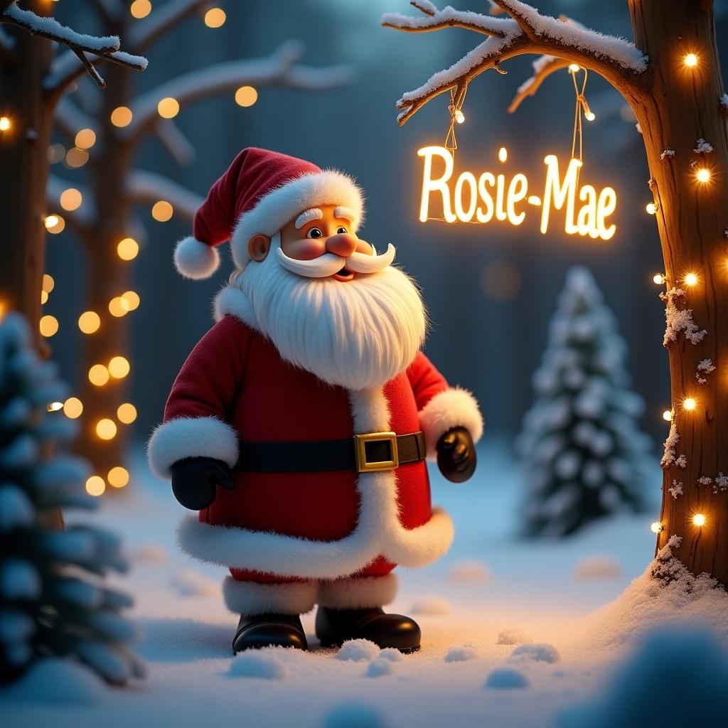 Santa Claus figure stands in a snow-covered forest. Name Rosie-Mae is displayed in glowing lights. Holiday theme emphasized.