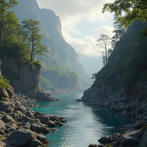 Landscape featuring a river flowing through a mountain gorge surrounded by trees. The scene has soft natural light and a peaceful atmosphere.