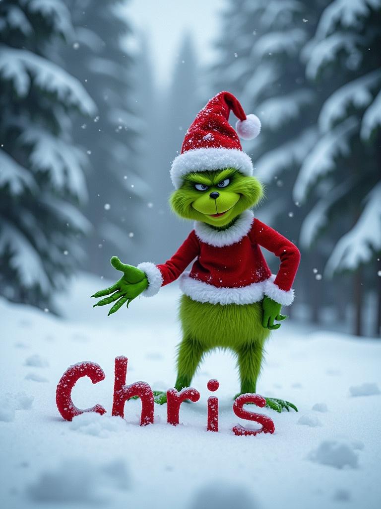 Grinch dressed in Santa suit stands in snowy landscape holding name Chris written in fresh snow. Snowflakes gently fall around. Tall trees covered in snow surround the scene. Grinch displays a cheerful expression. Captures the magic of the holiday season.