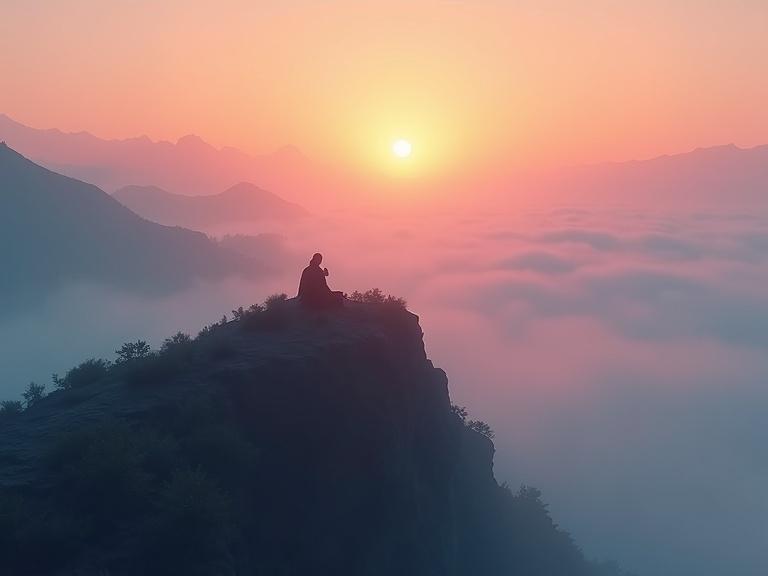A lone monk is seated on a fog-covered mountain. The sun rises in the background. The artwork is in a cinematic style and created as a digital painting.