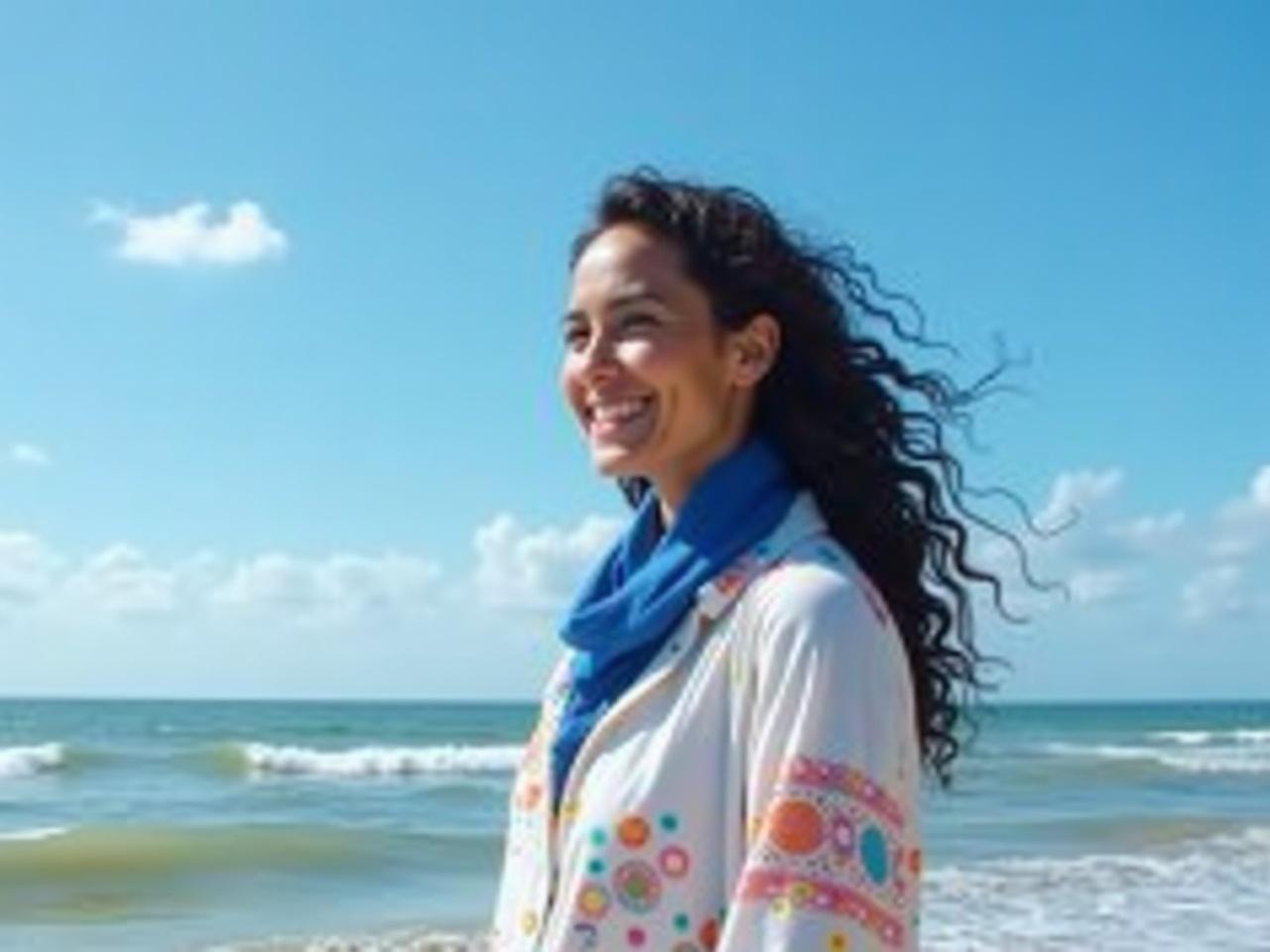 The image depicts a woman standing near a beach. She has curly black hair and is wearing a white outfit with colorful patterns. A blue scarf drapes around her neck, adding a vibrant touch to her clothing. The background shows blue skies with a few scattered clouds and the ocean waves gently breaking on the shore. The sunlight reflects on the water, creating a serene atmosphere. Overall, it conveys a sense of tranquility and joy, capturing a beautiful moment by the seaside.