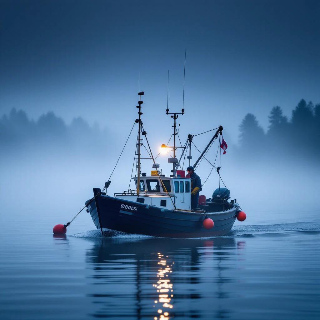 Small fishing boat sailing out in a misty night. Fog covers the water. Soft blue and gray tones dominate the scene. Light reflects off the water as the boat moves.