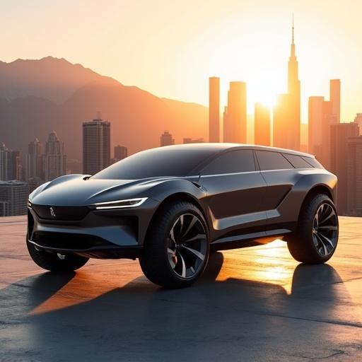 Futuristic compact all-wheel drive SUV in front of mountains. DSLR photo showcasing realism. Highlights the car's curves and edges. Sunlight creates stunning ambiance of power and serenity. Warm glow of sunset casts long shadows. Bright reflective setting with tall buildings backdrop.
