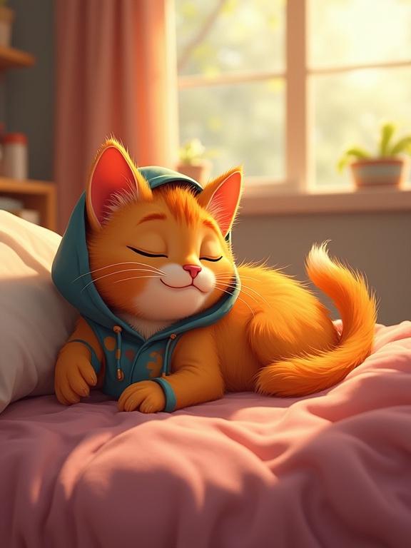 Crayon style animated orange tabby cat in hoodie lies on messy bed. Soft blanket surrounds the cat. It has a content sleepy expression. Warm afternoon light comes through the window. Cozy bedroom environment with soft shading.