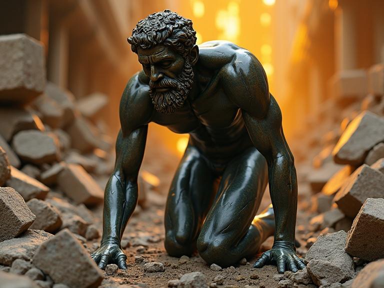 A bronze philosopher statue kneels in anguish. Facial features are detailed with determination and despair. Statue crawls amidst crumbling stone blocks. Haze of dusty golden light surrounds it. Cracks filled with glowing gold radiate resilience. Surrounding rubble shows time's neglect.