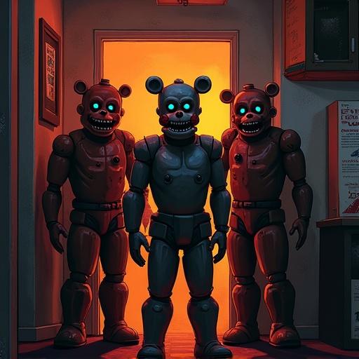 Three animatronic characters in a dimly lit corridor representing themes of horror. The characters have eerie glowing eyes and are modeled in a stylized manner.