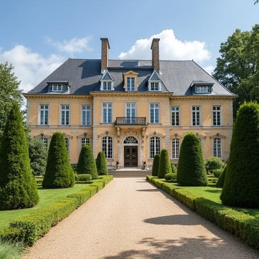 Image of a grand yellow mansion with symmetrical design surrounded by manicured green hedges and trees. The building features a detailed front entrance with steps leading to double doors. Clear blue sky with soft clouds above enhances the picturesque scene.