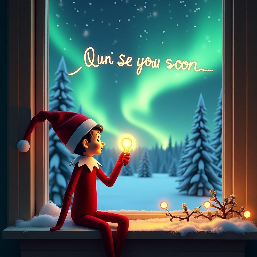 A cheerful elf sits by a cozy window during winter, excitedly holding a glowing light bulb. Outside, the enchanting northern lights dance across the sky, creating a magical atmosphere. The window ledge is decorated with holiday ornaments and a touch of snow. The elf, wearing a classic red outfit with a pointy hat, gazes in wonder at the view. Handwritten text glows warmly in the night sky, adding to the festive feel. The scene captures the essence of the winter holiday season and the joy of anticipation for Christmas.