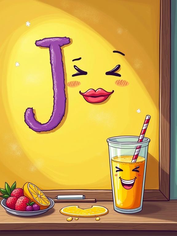 Vibrant cartoon illustration of yellow chalkboard. Playful letter J drawn in purple chalk with big winking eyes and juice-stained lips. Cheerful juice cup with striped straw and happy face on chalkboard ledge. Fun details like floating citrus slices, heart-shaped juice puddle, wooden chalkboard frame with doodled berries. Bold colors, hand-drawn textures, glossy highlights, playful summer school vibe with bubbles.