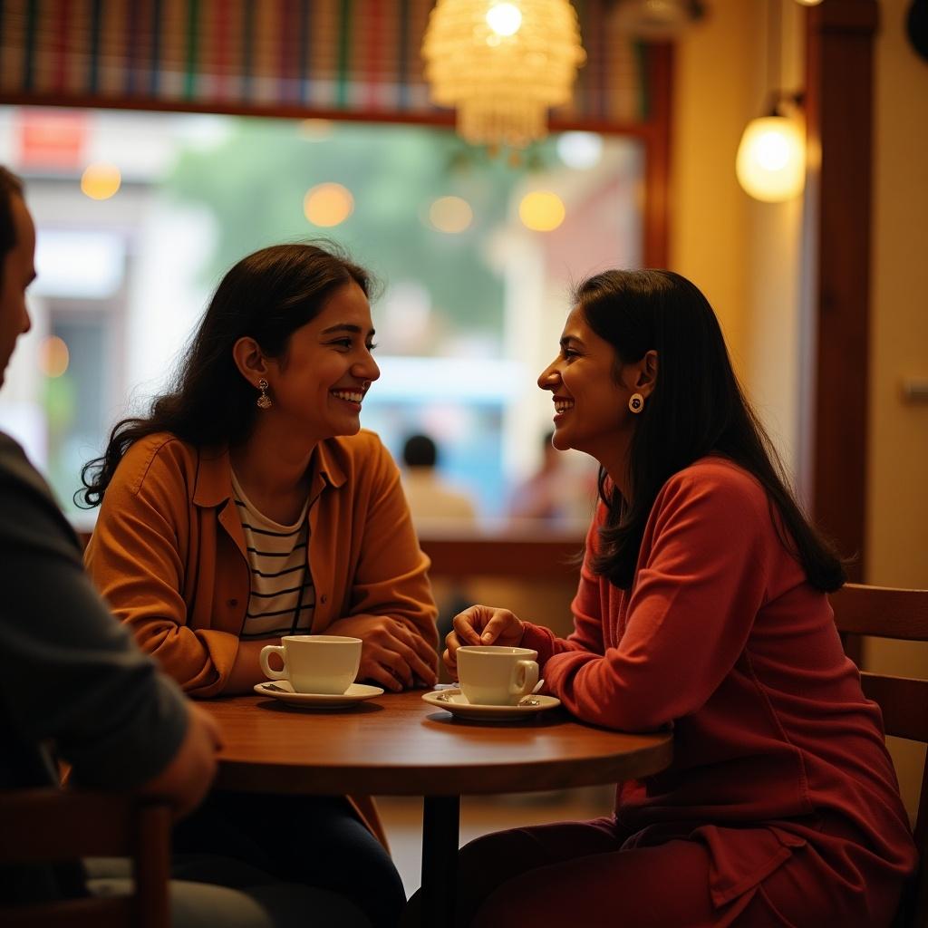 The image captures two women sitting at a café, engaged in a joyful conversation over coffee. They are smiling at each other, showcasing a close and friendly relationship. The setting is warm and inviting, with soft lighting enhancing the mood. The café has a cozy vibe, filled with some casual décor. This scene reflects the essence of friendship and the joy of sharing moments together.