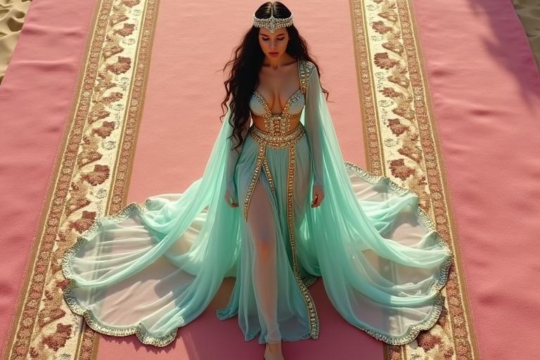 Wide overhead shot of a tall princess wearing a turquoise Arabian outfit. Outfit features gold embroidery and sheer overlay. Hair is shiny black. Top has a deep V-neckline and gold trim. She wears a jeweled headpiece while stepping toward a magical pink carpet, barefoot on sand.