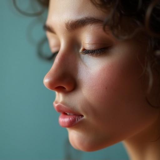 Close-up view of a human nose. Focus on the sense of smell. The scene captures the softness of the skin and the structure of the nose. The background has a calming light blue color.