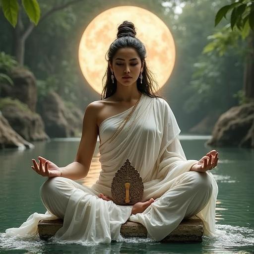 A woman in Padmasana on a throne of water. She wears a translucent sari. Her pose represents stillness amidst knowledge flow. Elements like the swan, veena, moon, and halo signify multi-dimensionality. The environment is lush and serene, symbolizing growth and creation.