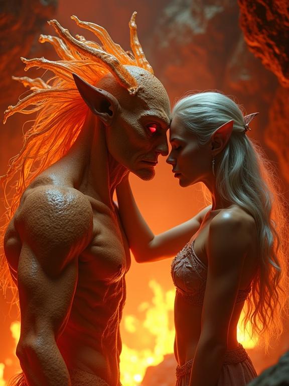 Close up photo of an athletic fashion model with a delicate pale-skinned elf girl. She has flowing silver hair. They are in a glowing lava cave. The elf girl gently caresses the face of a towering molten rock golem. Their eyes are locked in mutual affection. Firelight flickers on the stone walls. Heat is shimmering in the air. Warm red and orange tones dominate the scene.