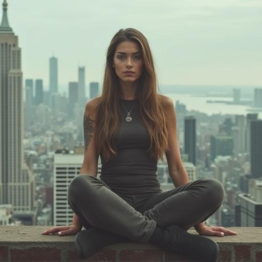 A giant woman sits on a skyscraper. She is in a meditative pose. The city skyline is visible in the background. The scene shows modern buildings under a clear sky.