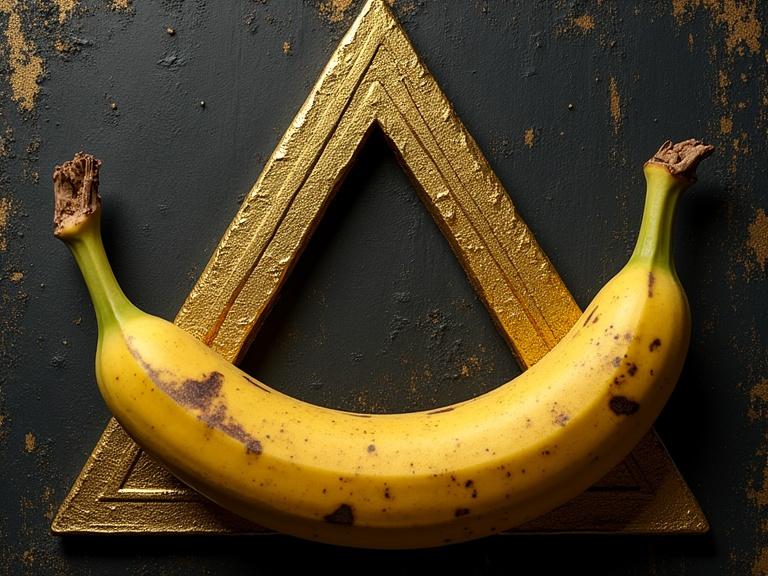 Banana placed over a gold triangle symbol. The banana has a phallic shape. The background is black with gold accents, creating a contrasting aesthetic.